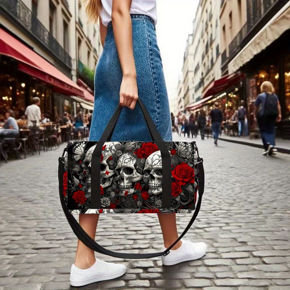Printed Travel Bag with Skull and Rose Petals, Trendy Outdoor Luggage Bag for Both Men and Women, Sports Yoga Bag