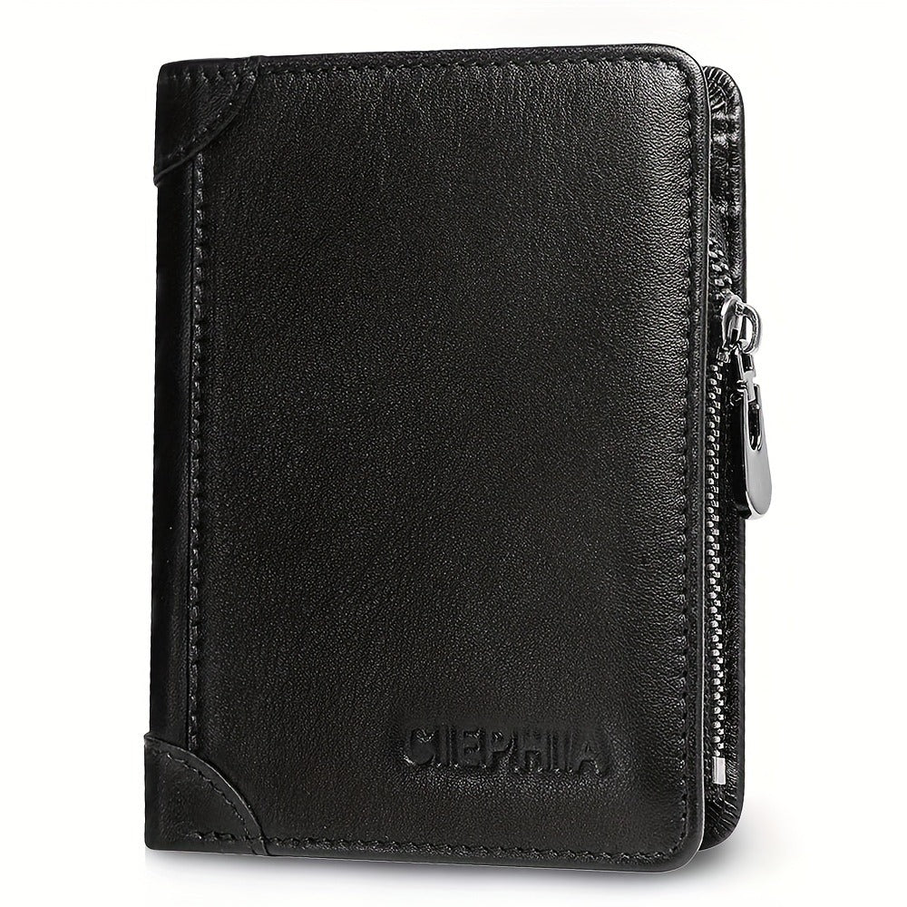 RFID Blocking Bifold Genuine Leather Wallets for Men with Zipper Coin Pouch, Top Layer Cowhide Vintage Multi Function Card Holder Wallet with 2 ID Windows