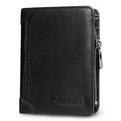 RFID Blocking Bifold Genuine Leather Wallets for Men with Zipper Coin Pouch, Top Layer Cowhide Vintage Multi Function Card Holder Wallet with 2 ID Windows