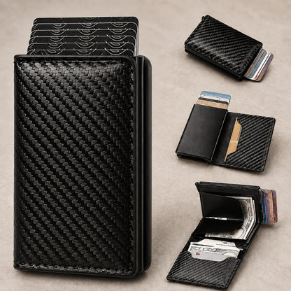 [CARBON FIBER Wallet] Men'S Wallet With Automatic Pop-up Metal Credit Card Holder, RFID Blocking Business Card Wallet, Microfiber Genuine Leather, 10 Card Slots, Smart Airtag, Lightweight Multi-functional Money Clip, Suitable For Travel/ Daily USE.