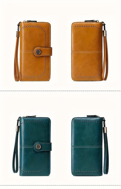 1 Pc RFID Blocking Retro Large Capacity Long Wallet PU Solid Color Women's Purse Multi-Functional Zipper Wallet with Wrist Strap Passport Ticket Credit Card Holder Can Accommodate Large Screen Phone