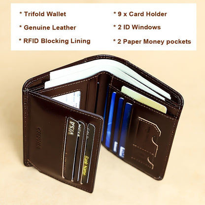 Men's Genuine Leather Wallet, RFID Blocking Protection Slim Short Top Layer Cowhide Wallet, Multifunction Trifold Wallet, Vintage Oil Wax Credit Card Wallet, Gifts for Men