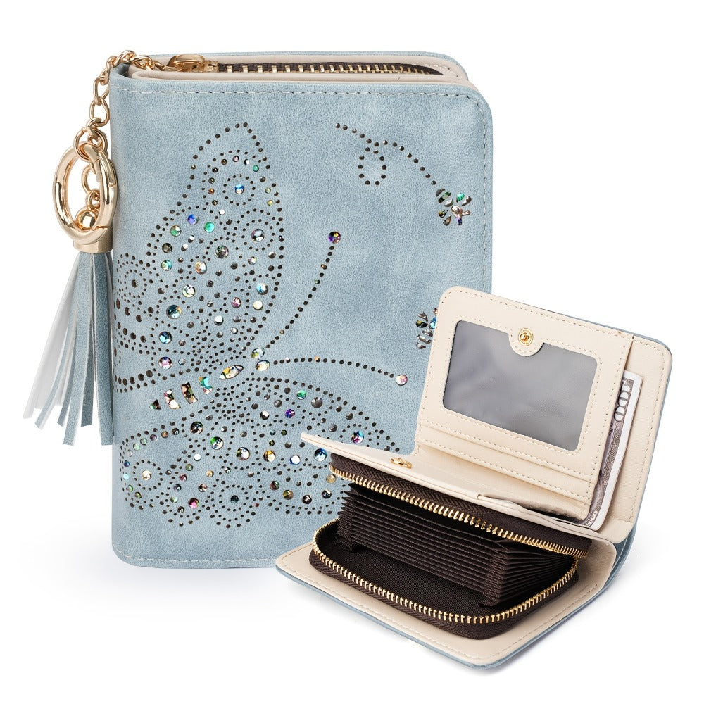Women RFID Blocking Small Bifold Wallet, Compact Cash Clutch with Zipper Coin Pocket, Glittery Butterfly Design, Credit Card Holder, Travel Purse with Tassel Mom Gift Faux Leather Tote Zipper Daily