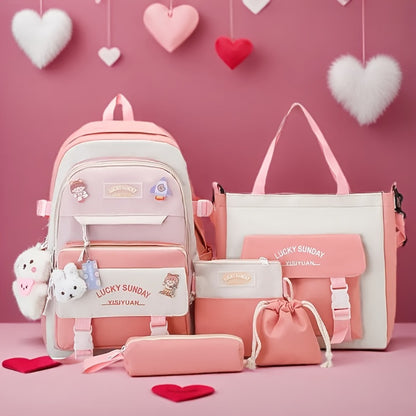 5pcs Solid Color Backpack, Teenager'S Travel Bag, Large Capacity Backpack, Easy Tote Bag, Pencil Case, Casual Crossbody Bag, Lightweight Student Shoulder Bag, for Teenager, For Teenager