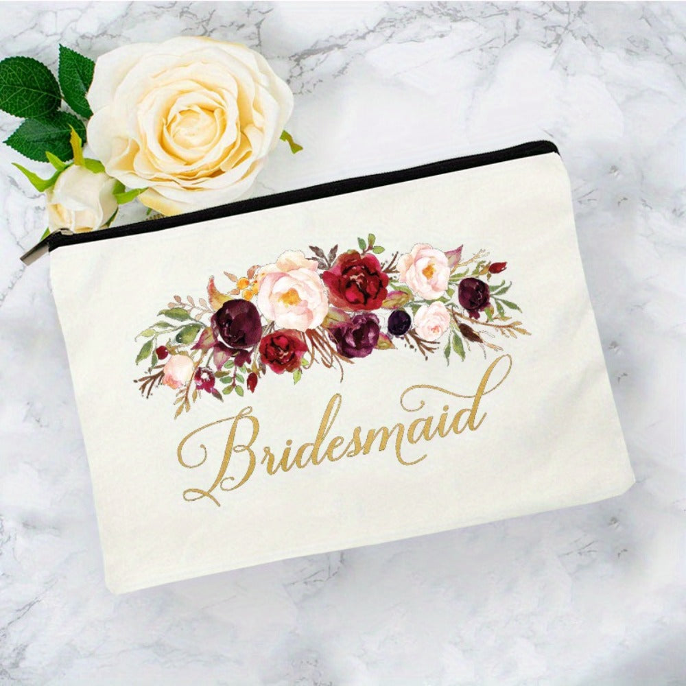 1pc Elegant Floral Bridesmaid Makeup Bag - Wedding Party Organizer with Zipper Closure, Lightweight & Portable Cosmetic Case for Bridesmaids, Floral bridal shower gift (White/, Machine Washable) - Perfect for Bridal Showers, Weddings, Everyday Use