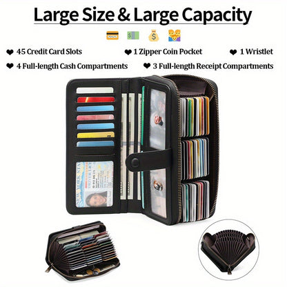 Wallets for Women, RFID Blocking Large Capacity Wristlet Clutch with 45 Card Slots & Zipper Pocket, Detachable Strap Handbag, Gift for Office Workers & Travelers