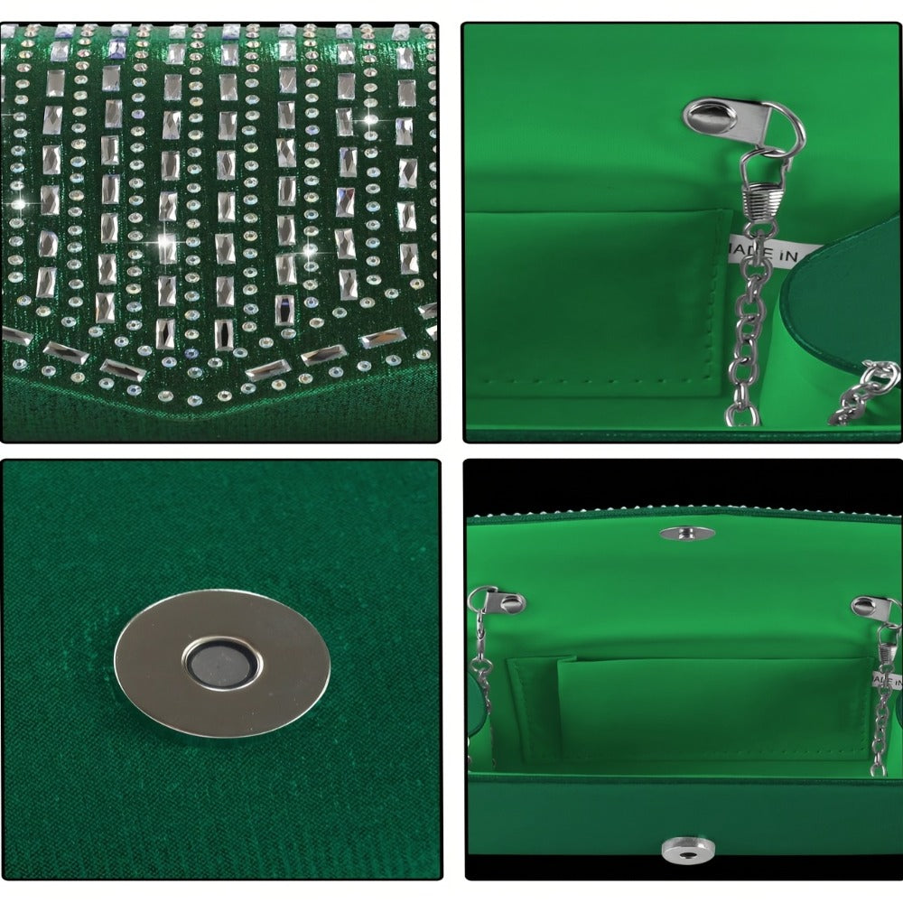 Glittering Luxury Rhinestone Embellished Women'S Evening Clutch Bag with Rhinestone Bracelet, Necklace, Earrings Set, Stylish And Elegant Shoulder Bag And Chain Crossbody Bag for Party, Ladies, Brides, Prom, Dinner/Banquet