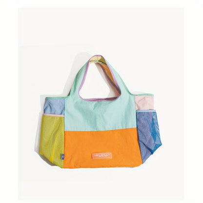 Lightweight Patchwork Handbag with Adjustable Strap & Snap Closure - Multicolor Patchwork (////), Machine-Washable Polyester Beach Satchel Bag Suitable for Casual & Dressy Outfits