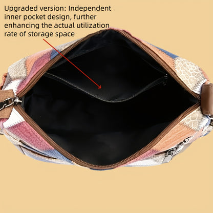 2pcs Set: Geometric Splicing Bag+premium Keychain, Women's Crossbody Bag, Large Capacity Imitation, Ethnic Style Shoulder Strap Embellishment, Daily Travel Handbag, Retro Style Shoulder Bag, Occasion Theme, Multifunctional Car Keychain