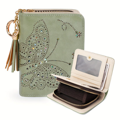 Women RFID Blocking Small Bifold Wallet, Compact Cash Clutch with Zipper Coin Pocket, Glittery Butterfly Design, Credit Card Holder, Travel Purse with Tassel Mom Gift Faux Leather Tote Zipper Daily