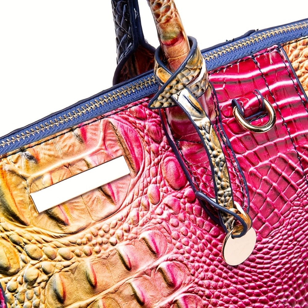 [Crocodile Patterned Handbag] Fashionable And Colorful Crocodile Patterned Handbag, A Visual Feast Of Multi-Color Gradient Fusion, Craftsmanship Texture, And Exquisite Metal Accessories Embellishment. Large Capacity Design Meets Diverse Needs