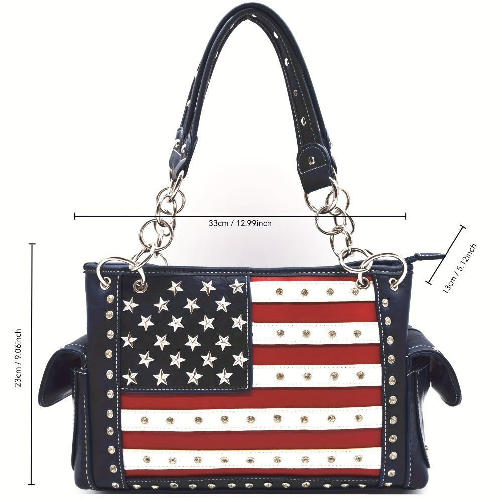 American Flag USA Stars And Stripes Patriotic Faux Leather Purse Women Rhinestone Country Handbag Wallet Set Red White And Blue