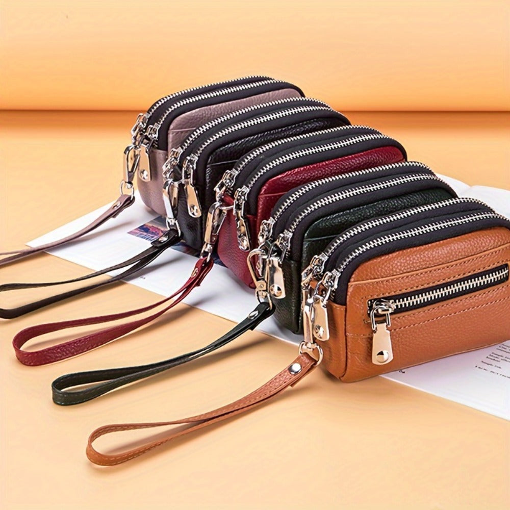 Coin Purse for Women Genuine Leather Small Triple Zipper Coin Wallet Pouch with Removable Wristlet Strap