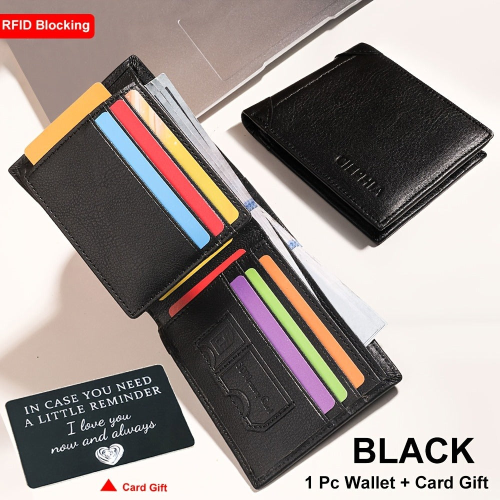 A Set Includes a Greeting Card And a Men'S Genuine Leather Wallet Made of Top-Layer Cowhide, Featuring RFID Protection Against Skimming. It Can Hold ID Cards And Credit Cards with 11 Card Slots - a Multifunctional, Spacious Vintage Wallet