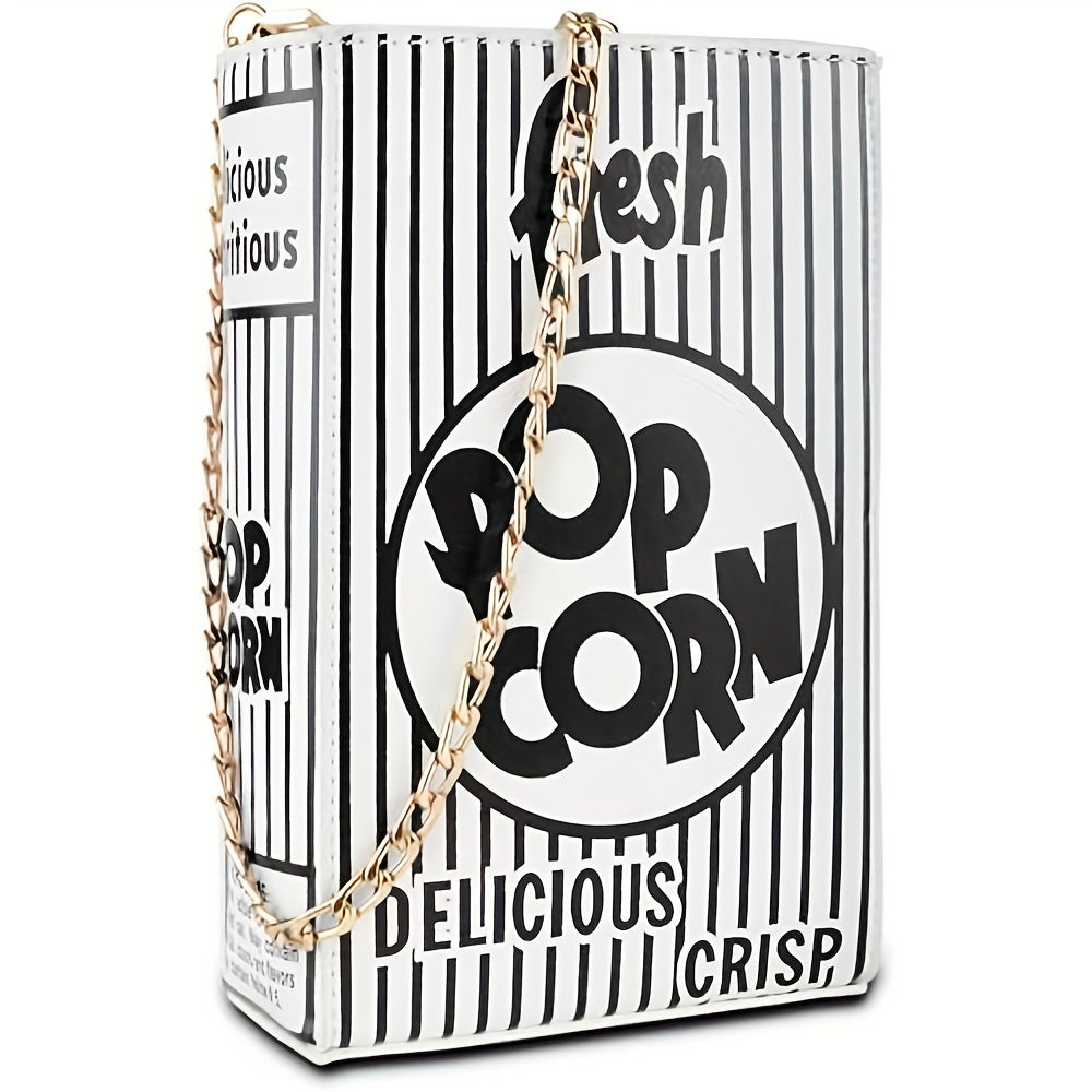 Trendy Popcorn Box Design Handbag for Women, Featuring a Crossbody Style with a Chain Strap, a Distinctive Square Shape, And an Adjustable Wallet