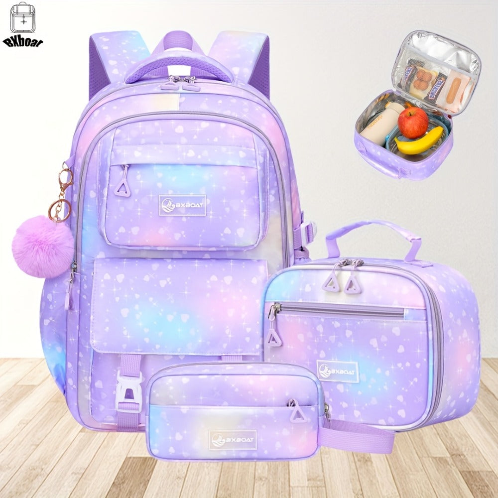3pcs Girls' Large Capacity School Backpack with Lunch Box Holder & Pencil Case Suitable for Back to School, 15.6” Laptop Compartment, Adjustable Straps, Multi-Pocket Bookbag for Travel, Lunch Storage, Pencil for School Daily Use