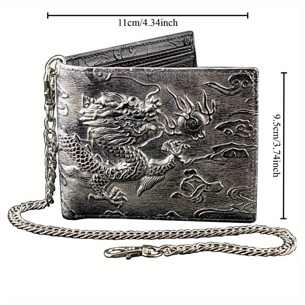 Men's Dragon Vintage Silvery Gray Faux Leather Wallet Card Holder Purse with Chain
