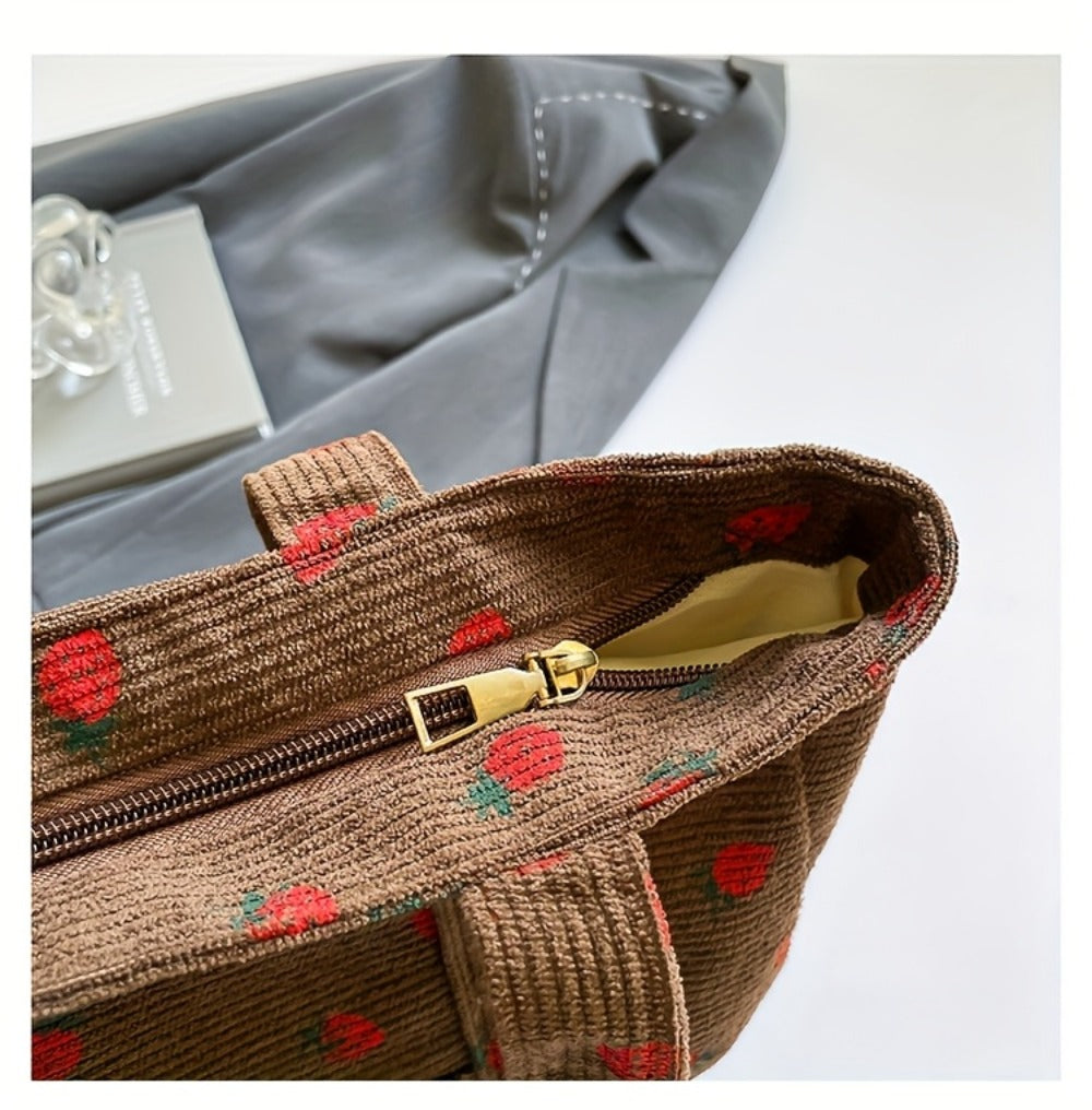 Women' Large Capacity Corduroy Tote Bag with Strawberry Pattern - /// Casual Handbag, Zipper Closure & - Corduroy Shoulder Bag for, Travel, Shopping