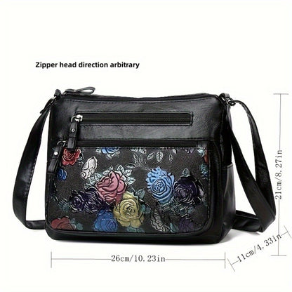 Women's PU Vintage Embossed Bag - Multi-Compartment Crossbody Shoulder Purse with Zipper Closure, Lightweight Commuter Handbag Gift Suitable for, Travel, Everyday Use -