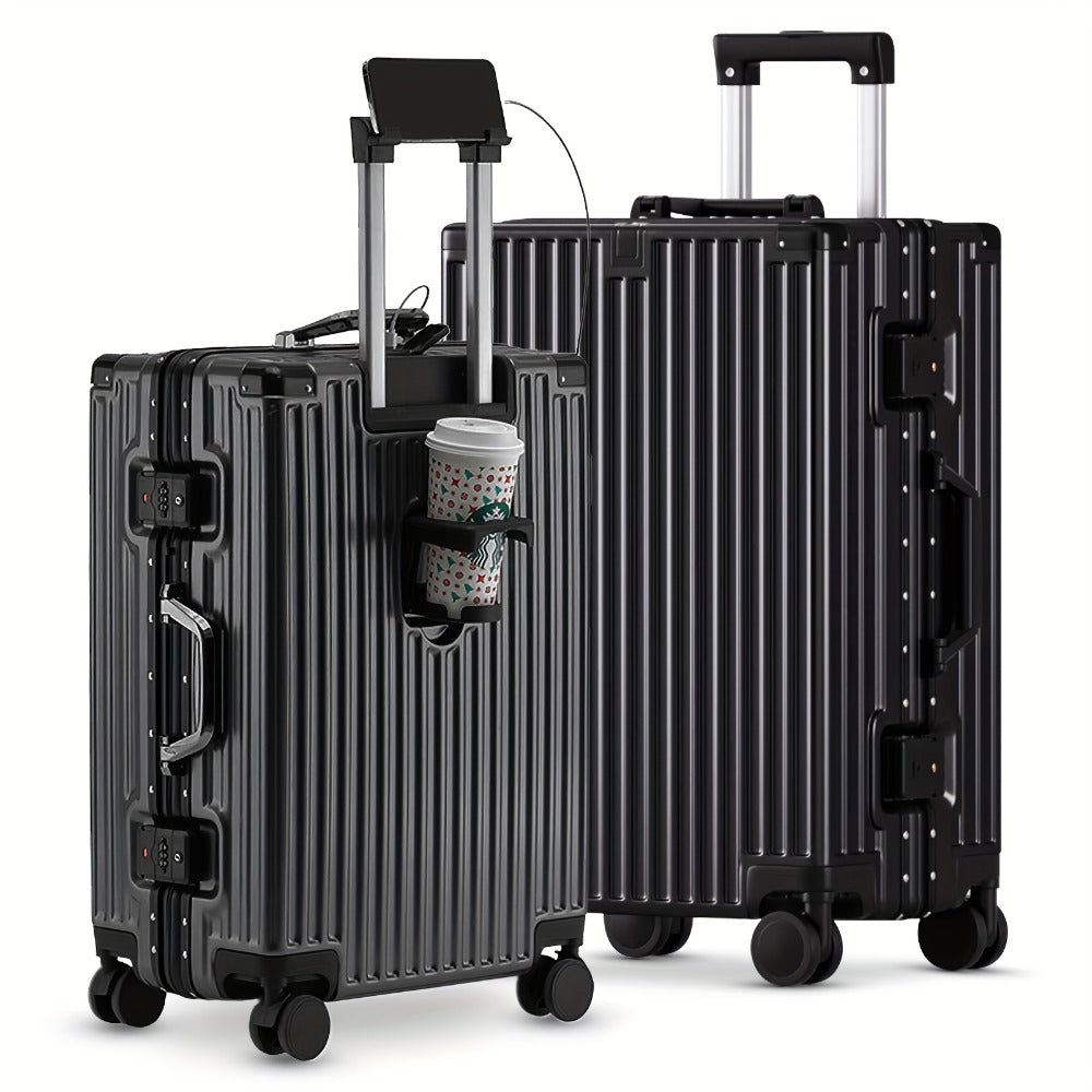 Aluminum Alloy Frame Abs+Pc Hard Shell Spinner Suitcase with Built In TSA Approved Lock Features Cup Holders And USB Ports 20 Inch Carry On Size for Airline Travel Durable And Scratch Resistant