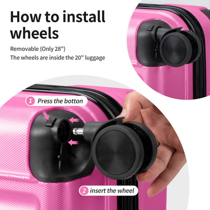 3in1 Luggage Set with Detachable Wheels, 20/24/28 Inch Lightweight ABS Suitcase with Lock & Spinner Wheels, Durable Travel Trolley Bag, 28-inch Disassembly Wheels