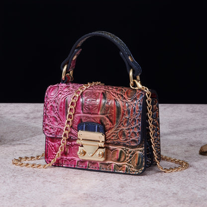 Stylish Crocodile Print Shoulder Bag for Women - Vibrant Pink Gradient Design with Golden-Tone Hardware, Detachable Chain Strap & Black Handles