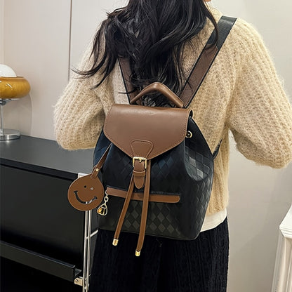 Women's Professional & Everyday Backpack - Coffee Brown & Black -like Bag with Adjustable Strap, Golden Buckle, Zipper Closure - Lightweight Purse for Work, Travel, College, Casual Outings - Gift Idea with Face Charm Charm, Playful Design, Durable Constru