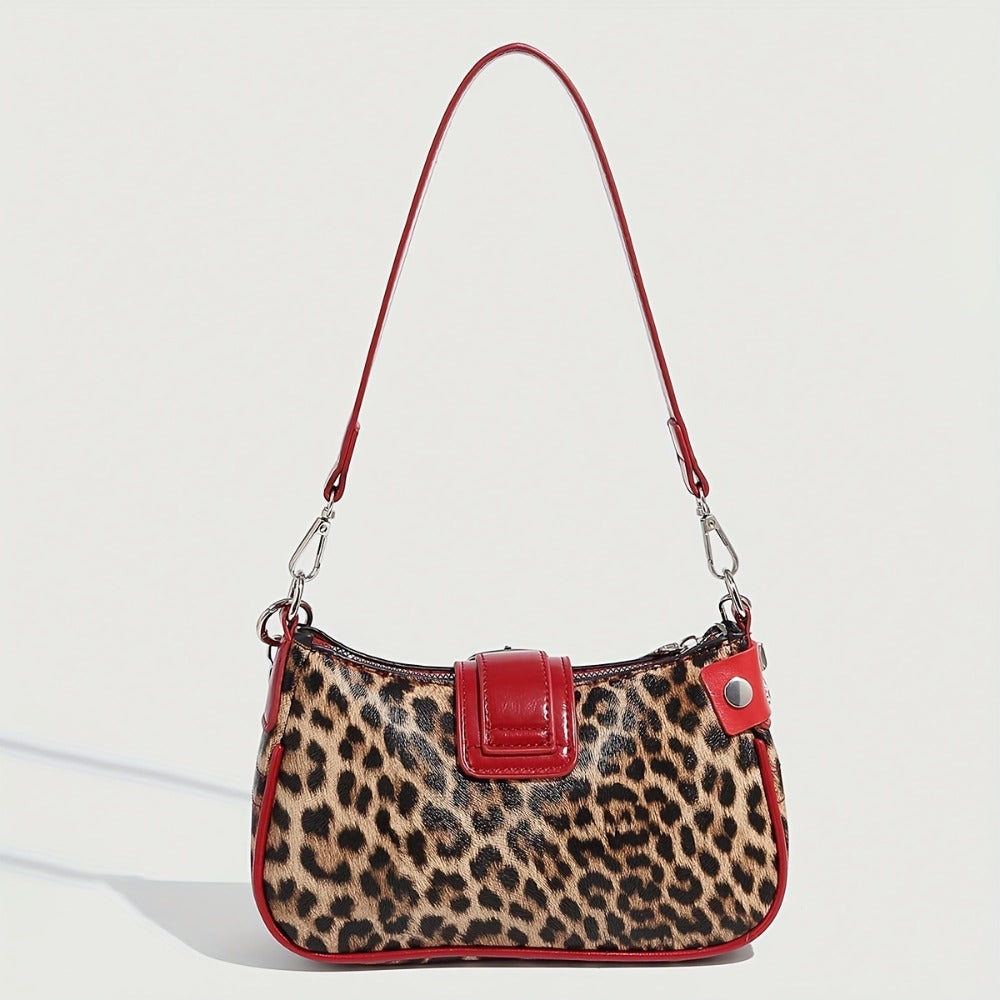 1pc Y2K-Inspired Red & Leopard Print Shoulder Bag with Chain Strap, Magnetic Closure, and Star Accents - Trendy Single-Strap Crossbody Bag for Women, Trendy Accessory | Playful Accessory | Durable Zippers, Shoulder Bag