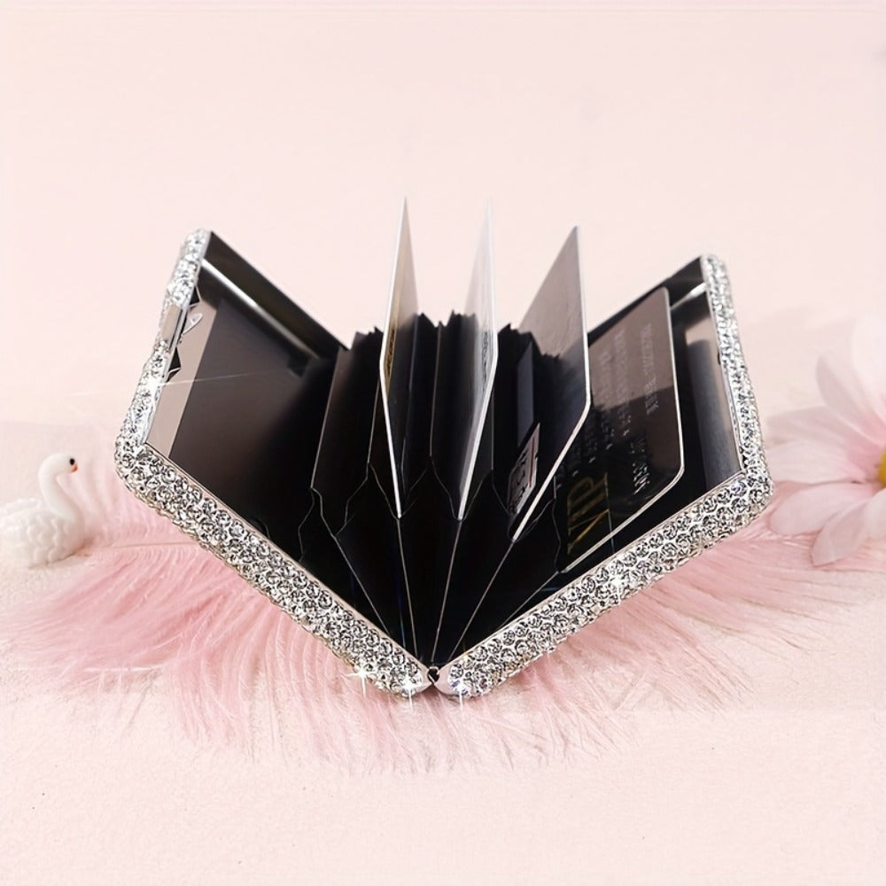 Silvery Aluminum Alloy Card Holder with Anti-Theft Diamond Accents, Luxurious Business Card Case, Compact And Portable Anti-Magnetic Card Holder for Women, Jewelry Organizers with Hanging Feature
