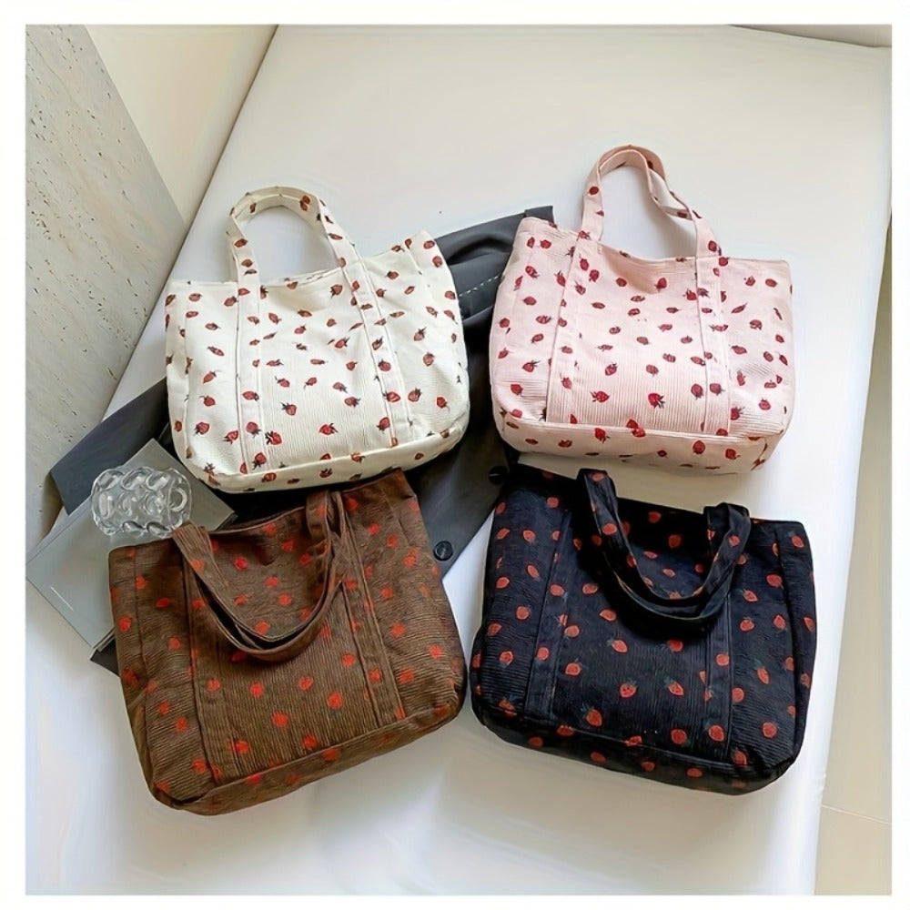 Women' Large Capacity Corduroy Tote Bag with Strawberry Pattern - /// Casual Handbag, Zipper Closure & - Corduroy Shoulder Bag for, Travel, Shopping