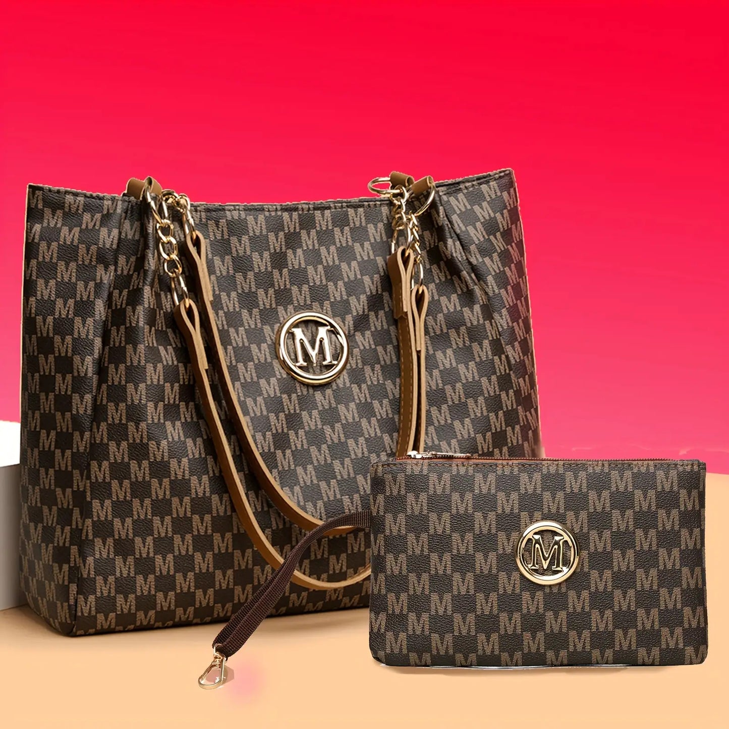 Two-Piece Set Large Capacity Shoulder Bag, Suitable for Elegant Urban Women, Lotus Pattern M Print, Fashionable M-Shaped Hardware Buckle Design, Lightweight Fixed Shoulder Strap, Suitable for Multiple Occasions - Perfect Gift