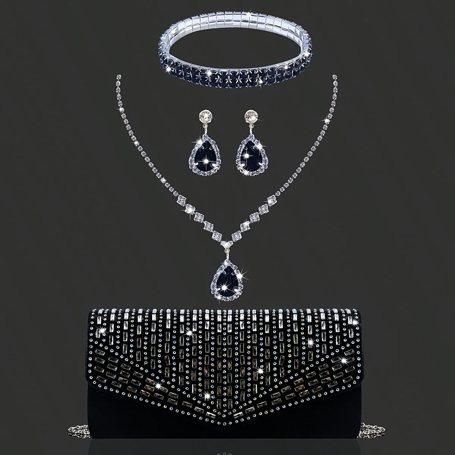 Glittering Luxury Rhinestone Embellished Women'S Evening Clutch Bag with Rhinestone Bracelet, Necklace, Earrings Set, Stylish And Elegant Shoulder Bag And Chain Crossbody Bag for Party, Ladies, Brides, Prom, Dinner/Banquet