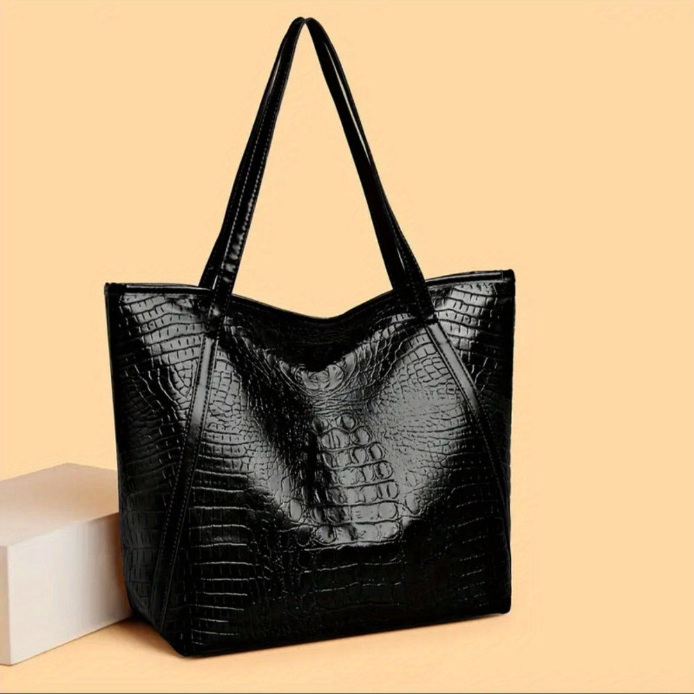 Stylish Black Crocodile-Print Women's Handbag - Large Capacity Scratch-Resistant Tote with Zipper Closure, Fixed Shoulder Strap & Cosmetic Pouch for Shopping, Commuting, Parties