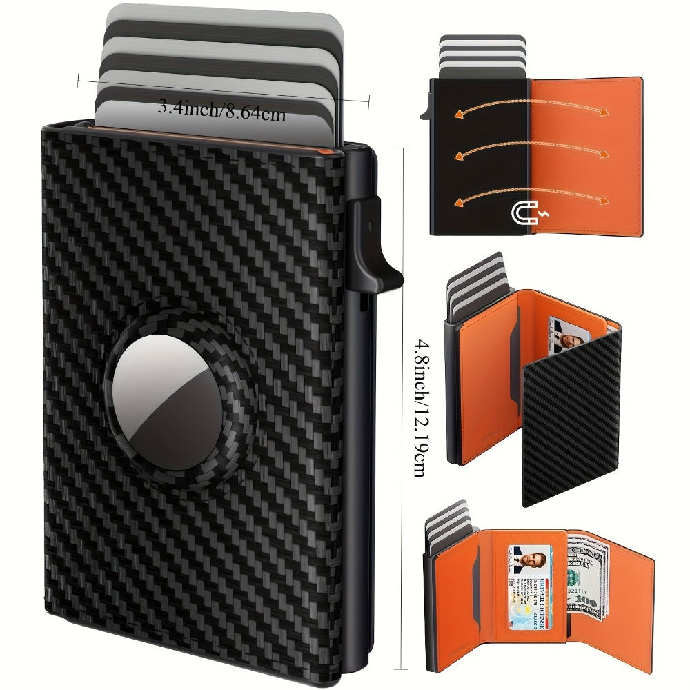 Premium Genuine Leather & Carbon Fiber Men's Wallet with RFID Blocking, AirTag Slot, Pop-Up Card Case-Ultra-Slim Design Holds 14 Cards+ID Window & Cash Pocket (AirTag Not Included)