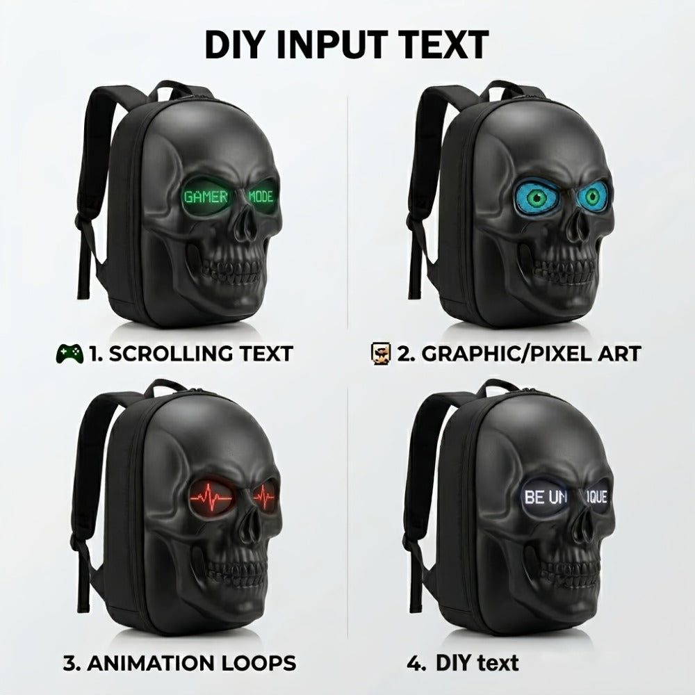 Cool 3D Skull LED Backpack with Programmable Animated Eyes, Smart App Control Hard Shell Motorcycle Bag for Cycling And Riding, Large Capacity Storage Casual Daypack, Fun Travel Backpack, Interactive Laptop Bag