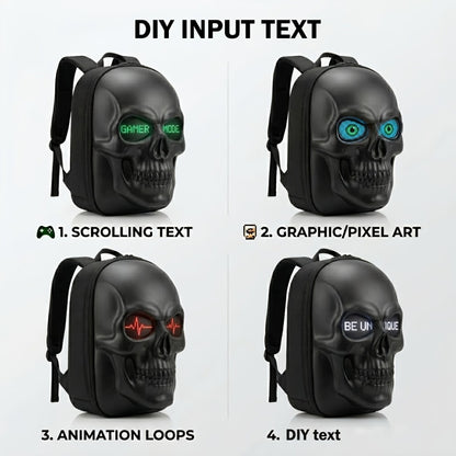 Cool 3D Skull LED Backpack with Programmable Animated Eyes, Smart App Control Hard Shell Motorcycle Bag for Cycling And Riding, Large Capacity Storage Casual Daypack, Fun Travel Backpack, Interactive Laptop Bag