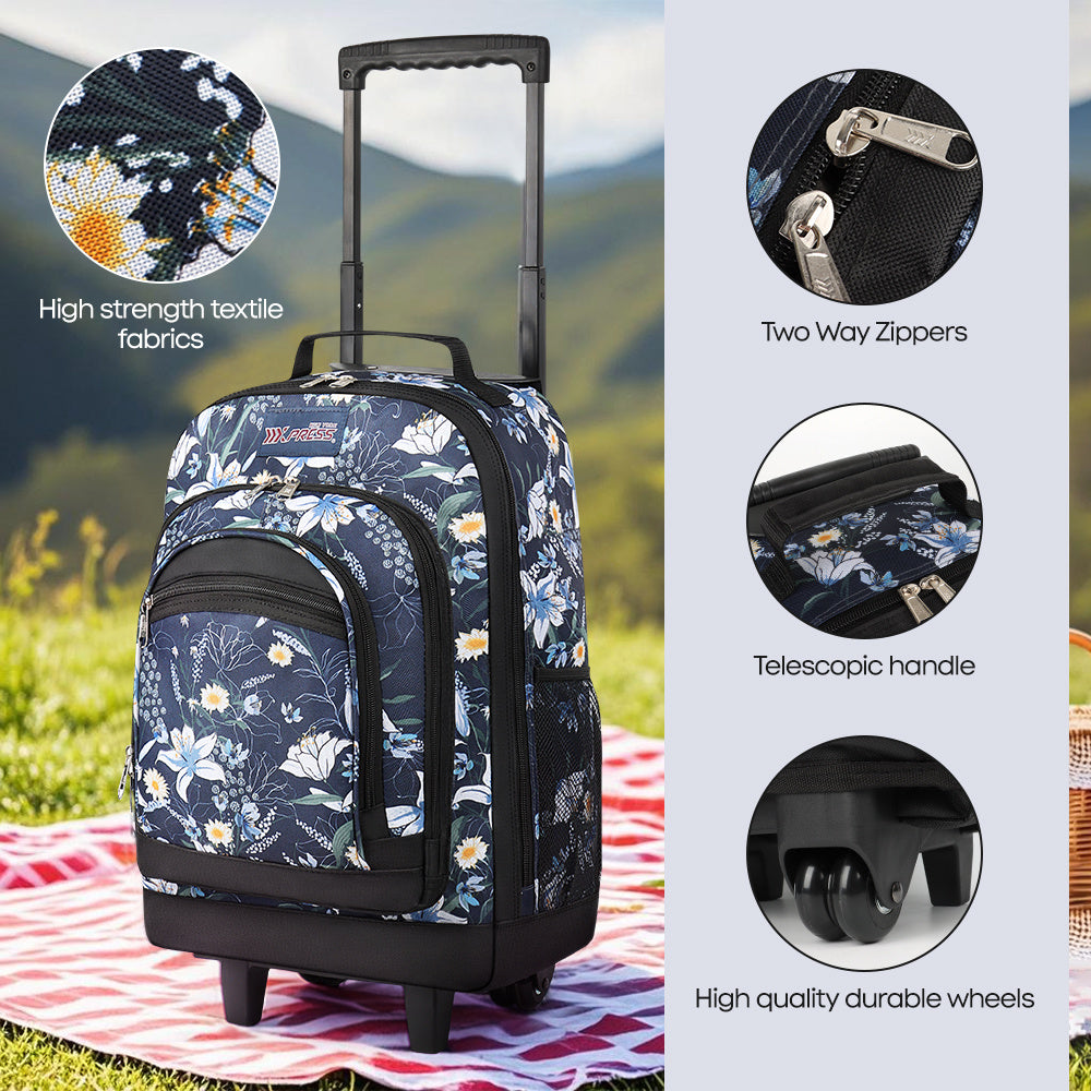 20 Inch Travel Rolling Backpack with Retractable Handle,Large Capacity Backpack with Wheels for Women & Men,Printing Travel Trolley Suitcase Bag for Weekend, School, Overnight, Work
