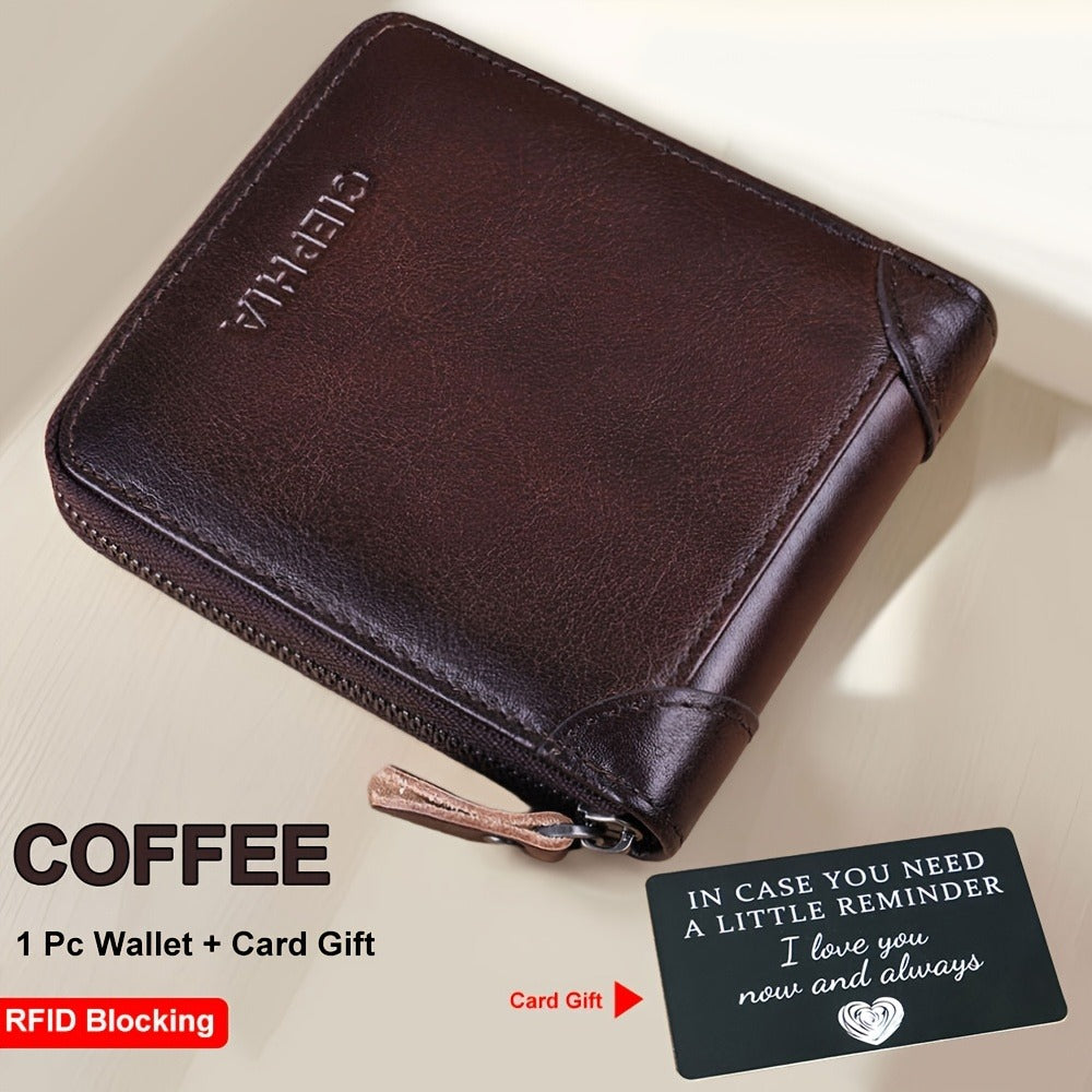 Men'S Genuine Leather Zipper Wallet RFID Secure Large Capacity Double Fold Multi-Card Top Layer Leather Wallets for Men And Coin Purse Christmas Father'S Day/Valentine'S Day/Anniversary Gift The Set Includes a Greeting Card