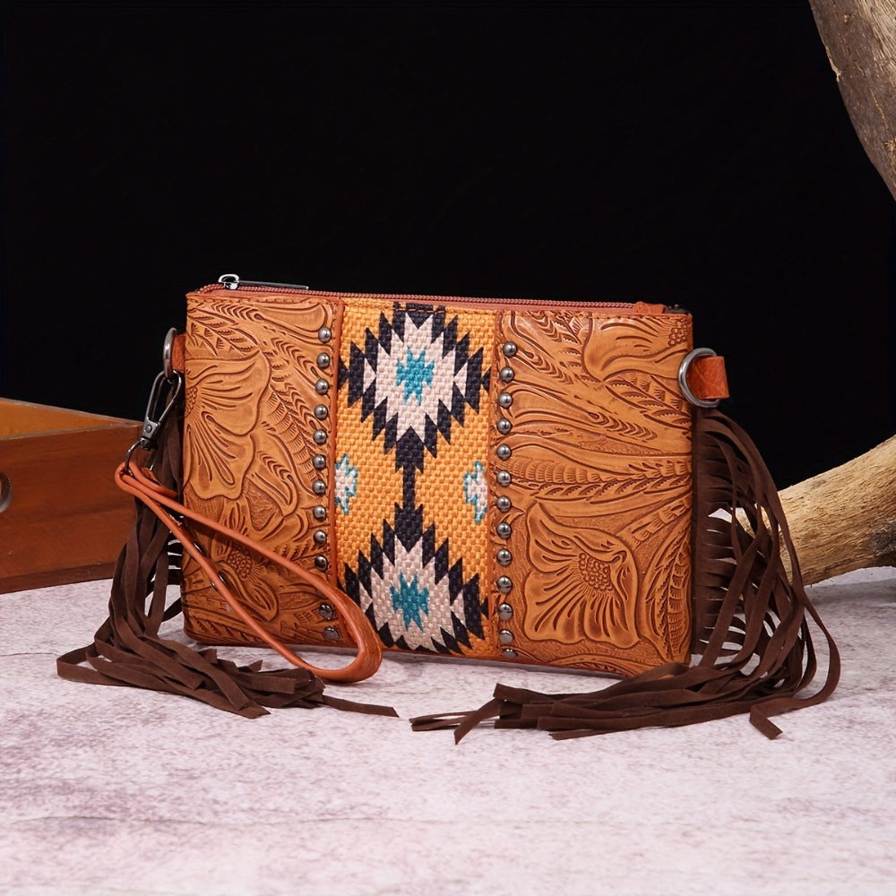 Western Fringe Crossbody Bag Purse for Women Shoulder Bag - PU & Woven Tassel Small Handbag for Shopping, Travel, Work, Dating Brown