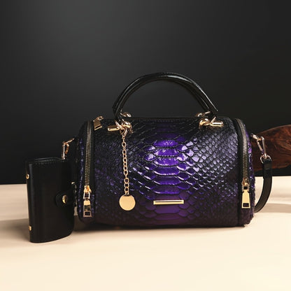 2pcs Retro Snake-Print Boston Bag - Large Capacity Crossbody/Handbag with Detachable Strap, Deep ///, Elegant Animal Pattern Handbags for & Travel, Durable & Easy Maintenance Suitable for Fashion