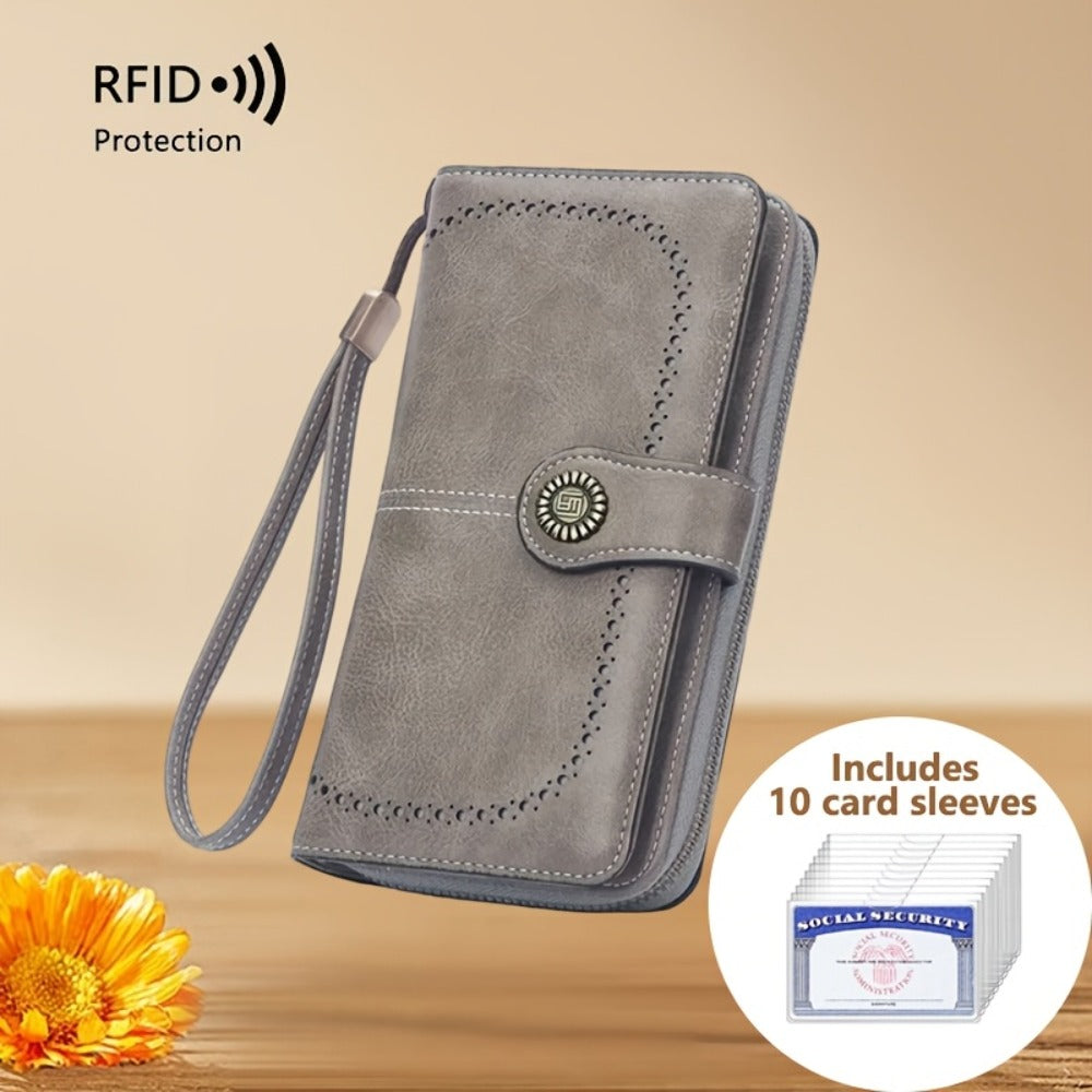 1pc RFID Blocking Long Wallet with 10 Practical Card Sleeves- Stylish Synthetic Leather Zipper Purse with Wrist Strap, Multi-Functional Card Holder for Women