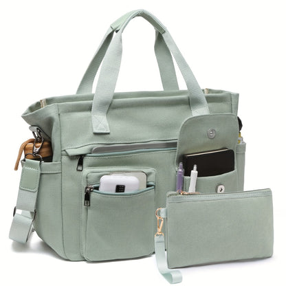 2pcs Set: Women's Large Canvas Tote Bag, Perfect as a Laptop Bag, Crossbody Shoulder Bag, Hobo Messenger Bag, Handbag, Travel Bag, Gym Tote Work Travel