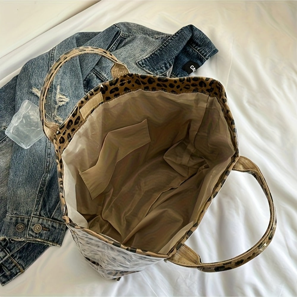 Fashion High-end Texture Large Capacity Leopard Print Tote Bag, PU Open Tote Bag Storage Bag, Niche Design Versatile Tote Bag Beach Vacation Tote Bag