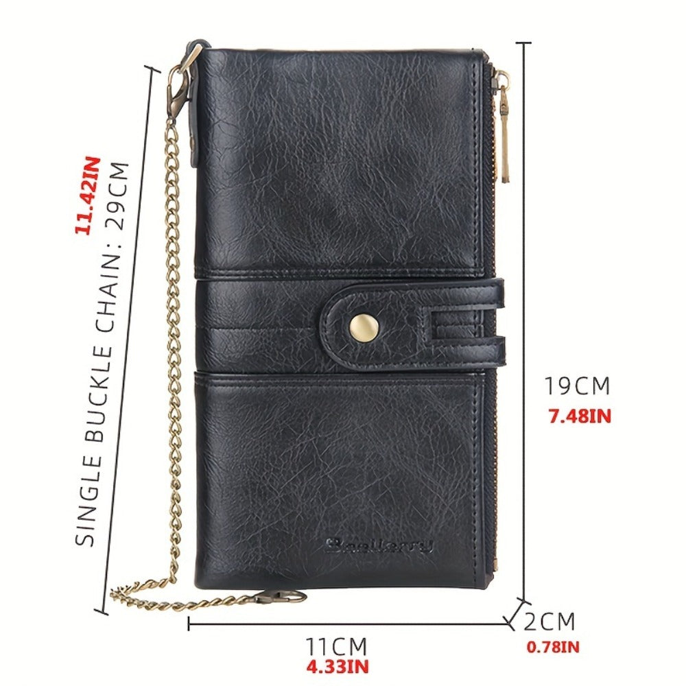 Men'S Rfid-Blocking Bifold Wallet with Anti-Theft Chain, Double Zipper, Secure Handbag, Coin Pocket, And ID Window - Perfect Gift