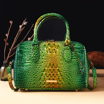 Gradient Crocodile Embossed Boston Bag for Women, Vintage Glossy Synthetic Leather Barrel Handbag with Detachable Crossbody Strap, Luxury Top Handle Shoulder Purse, Large Capacity Daily Commute Handbags