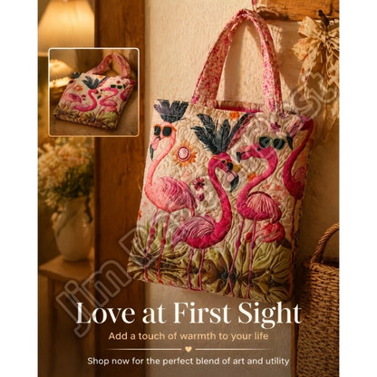 Flamingo with Sunglasses Quilted Applique Tote Bag, Tropical Summer Shoulder Purse for Women