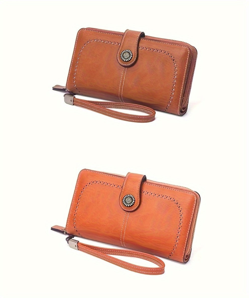 1 Pc RFID Blocking Retro Large Capacity Long Wallet PU Solid Color Women's Purse Multi-Functional Zipper Wallet with Wrist Strap Passport Ticket Credit Card Holder Can Accommodate Large Screen Phone