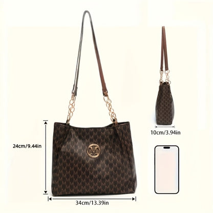 Women's PU Large Capacity Vintage Tote & Crossbody Bag with M Print Character & Hardware - Retro Shoulder Handbag Suitable for Travel,,, Machine Washable, Zipper Closure, //