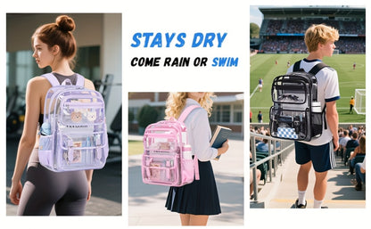Women's PVC Transparent School Backpack with Large Capacity Multi-Pocket Bookbag, Adjustable Shoulder Straps & Transparent Panels Suitable for School, College, Office, Computer Bag, Laptop Carrier, Zipper Closure