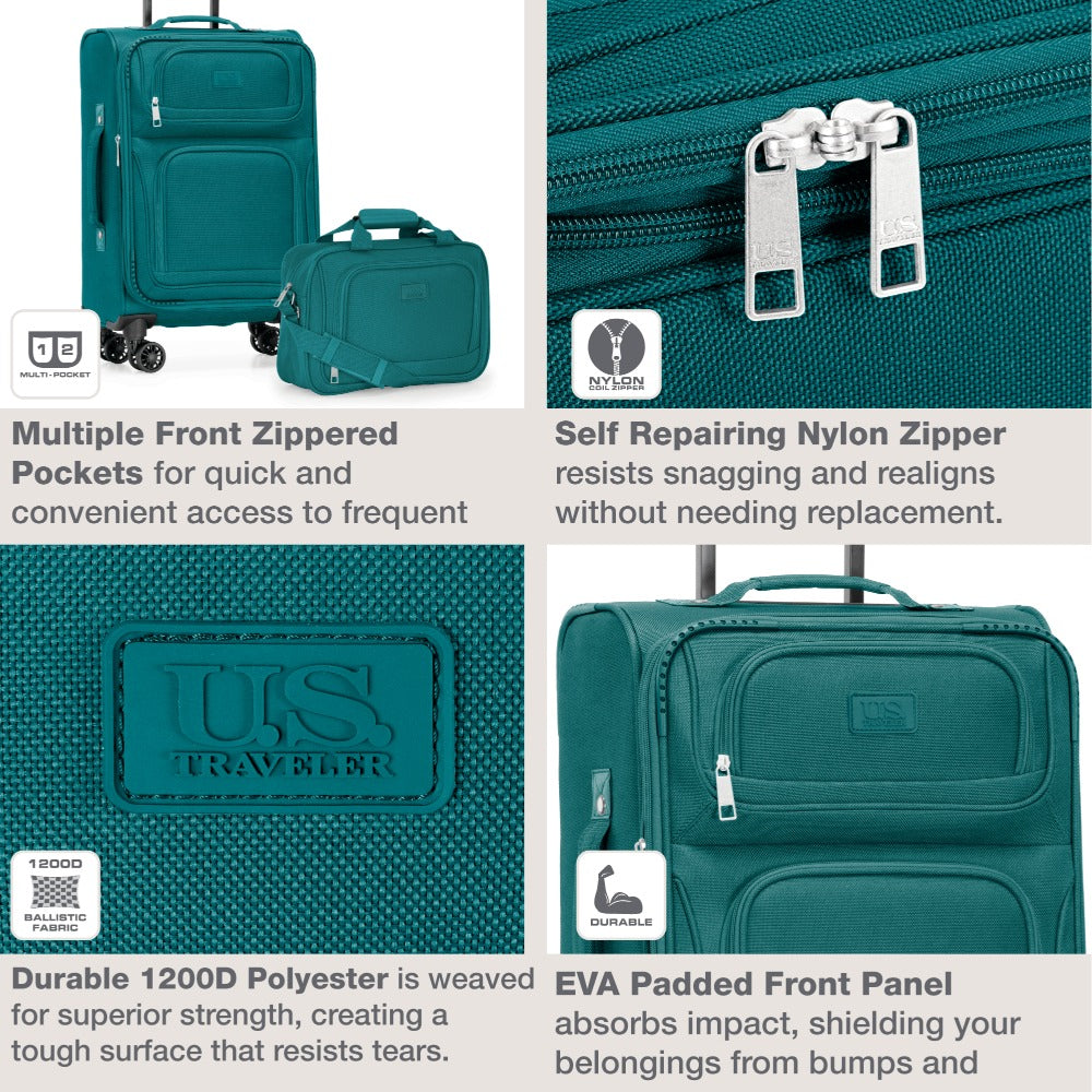 U.S. Traveler Rio II 2-Pcs Polyester Carry-on Suitcase w/ Tote | Soft Shell, Lightweight, Expandable & 360° Dual Spinner Wheels | Two-Tone, Colorblock, Matching Color, Black, Evergreen & Teal - Travel Luggage Set for Travel, Business Trips, and Weekend Ge
